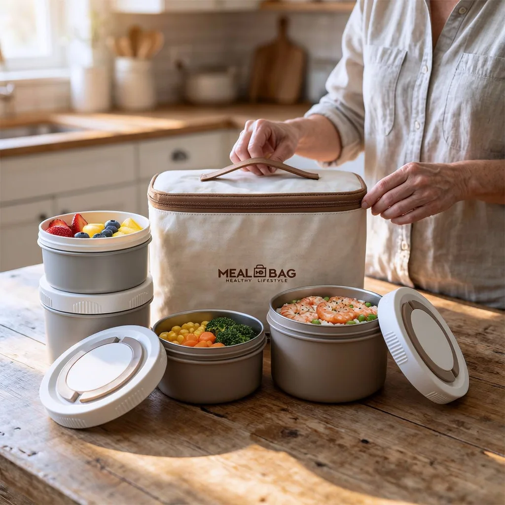 Kit Lunch Box de 4 Boîtes Alimentaires en Acier Inoxydable et Sac Isotherme de Transport