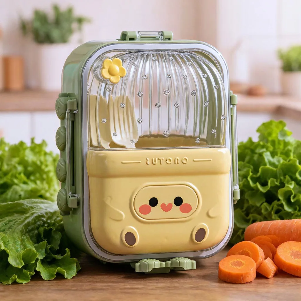 Lunch Box Enfant à 3 Compartiments en Inox avec Cuillère et Fourchette, Boîte à Déjeuner Cute Cactus JFG_22Y