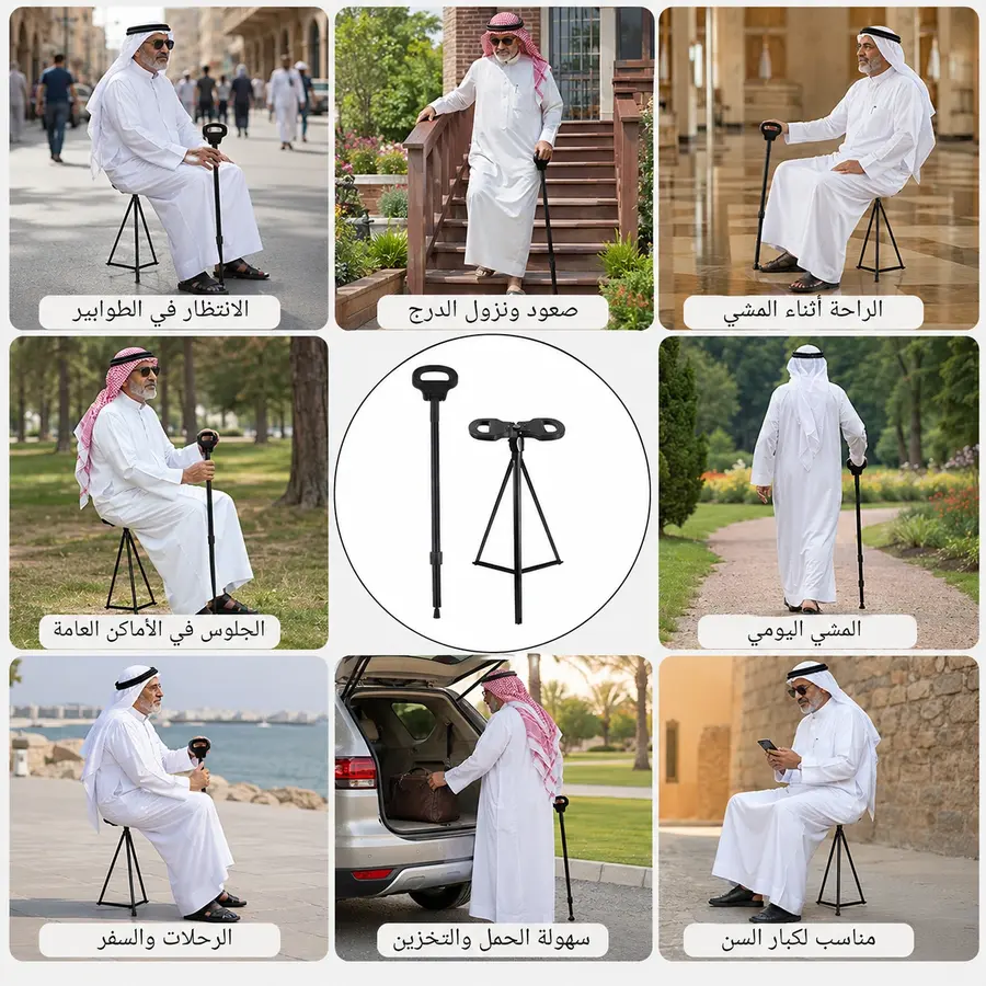كبير بالسن يجلس براحة على مقعد العصا