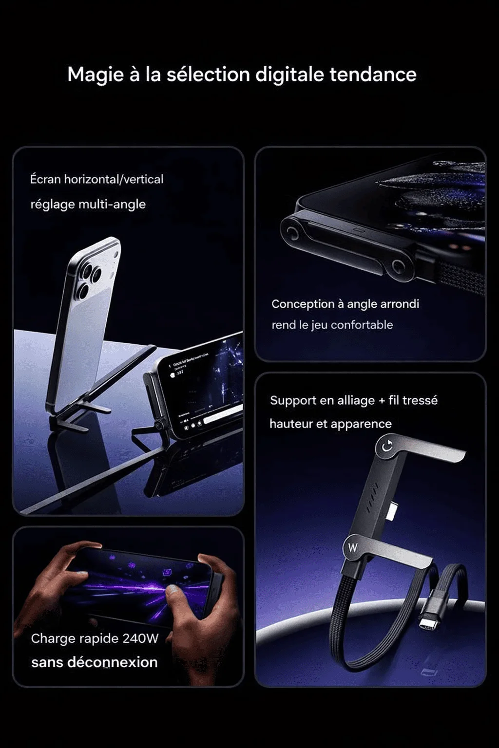 Câble 2‑en‑1 240W – Charge Ultra‑Rapide + Support Téléphone Intégré