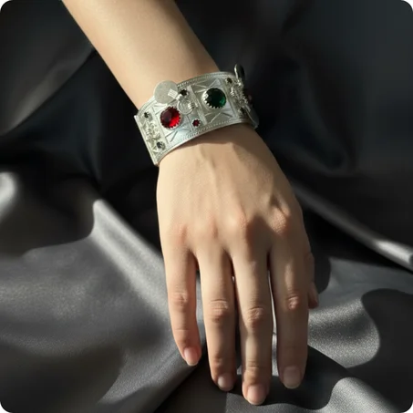 سوار أمازيغي تقليدي – معدن أبيض منقوش بالنقرة