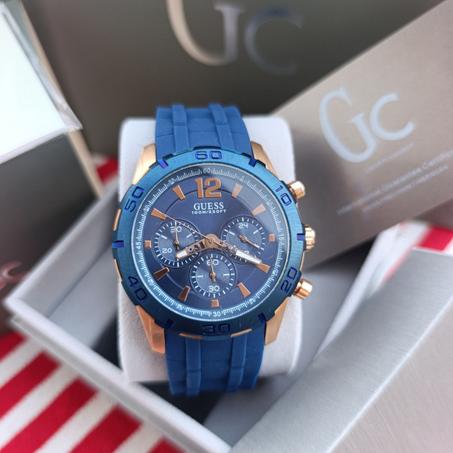 GUESS Men's Blue Rose Gold-Tone Multi-Function Watch