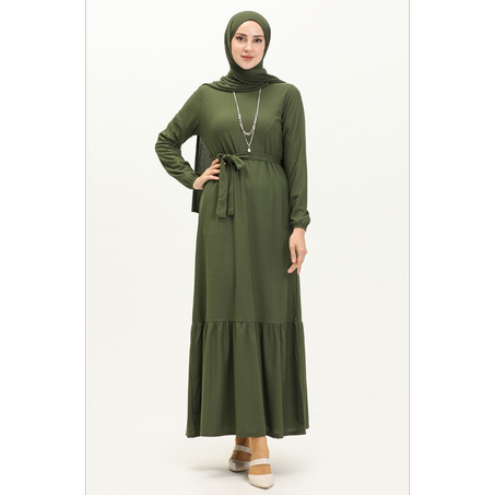 فستان بقلادة وحزام  كاكي داكن 1784-01 (copy)