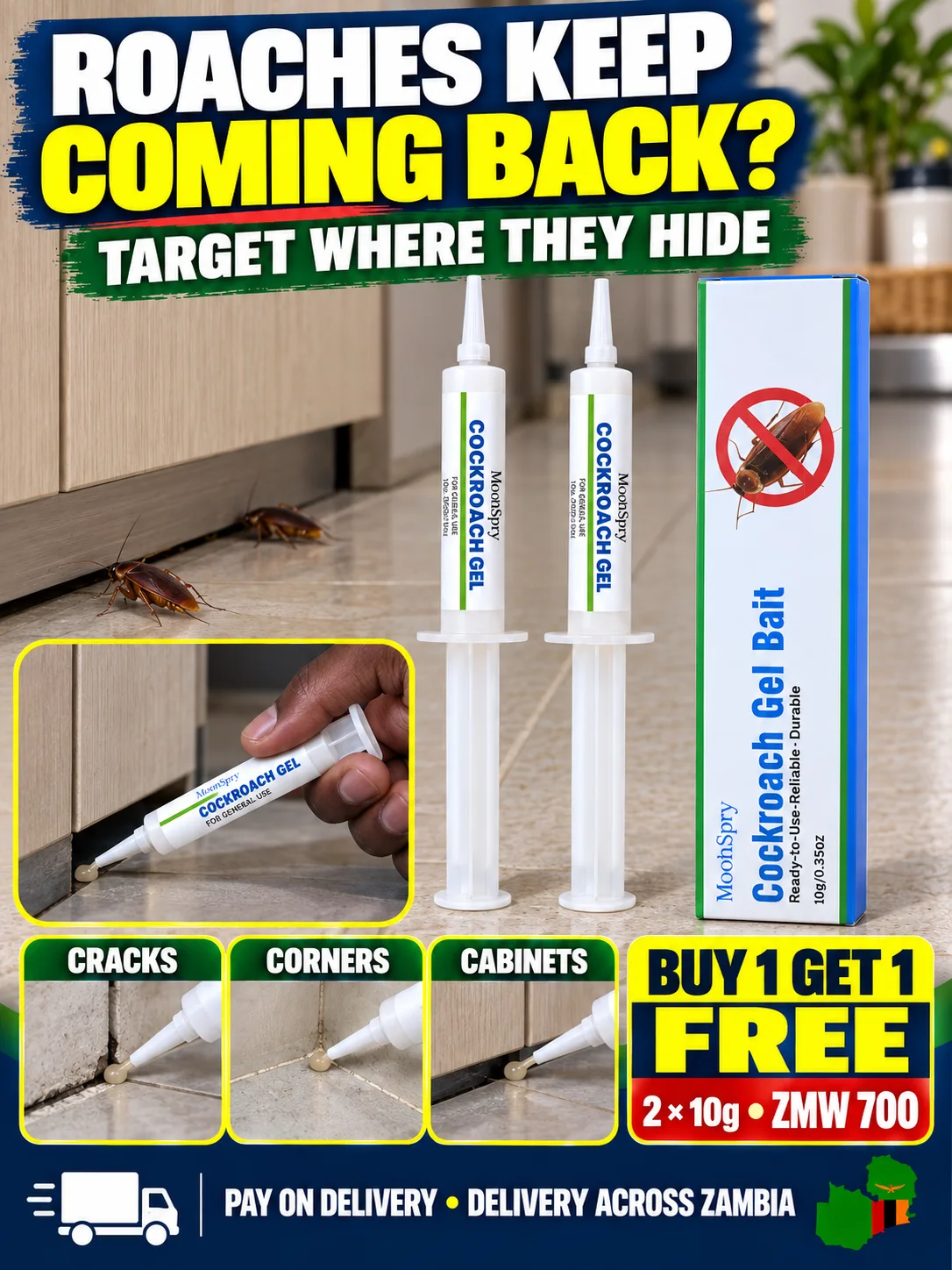 Visible cockroach problem compared with targeted gel placement