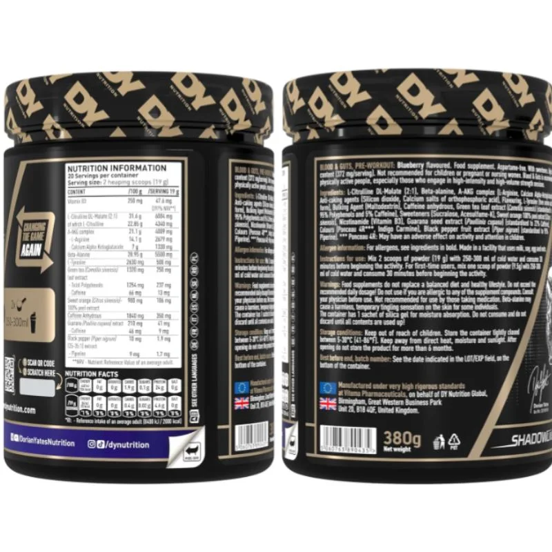 Dorian Yates Nutrition - Blood & Guts Pre Workout Booster avec Arginine + Citrulline (380 g Myrtille - Myrtille)