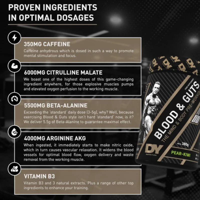 Dorian Yates Nutrition - Blood & Guts Pre Workout Booster avec Arginine + Citrulline (380 g Myrtille - Myrtille)