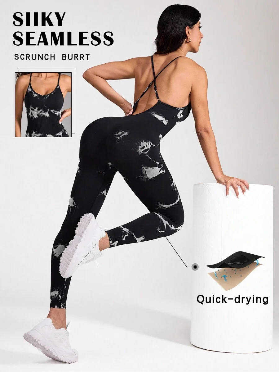 Combinaison de sport sans couture avec imprimé tie dye et dos croisé
