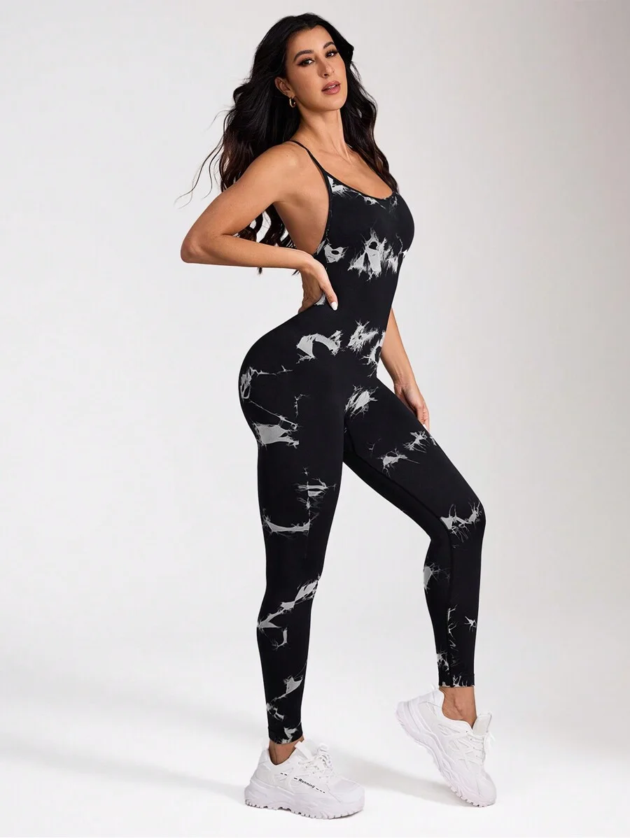 Combinaison de sport sans couture avec imprimé tie dye et dos croisé