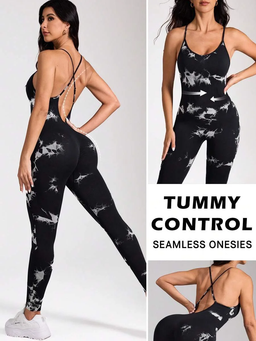 Combinaison de sport sans couture avec imprimé tie dye et dos croisé