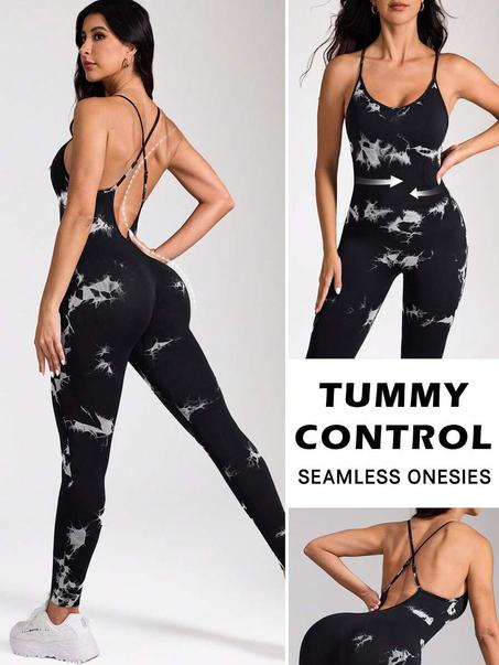 Combinaison de sport sans couture avec imprimé tie dye et dos croisé