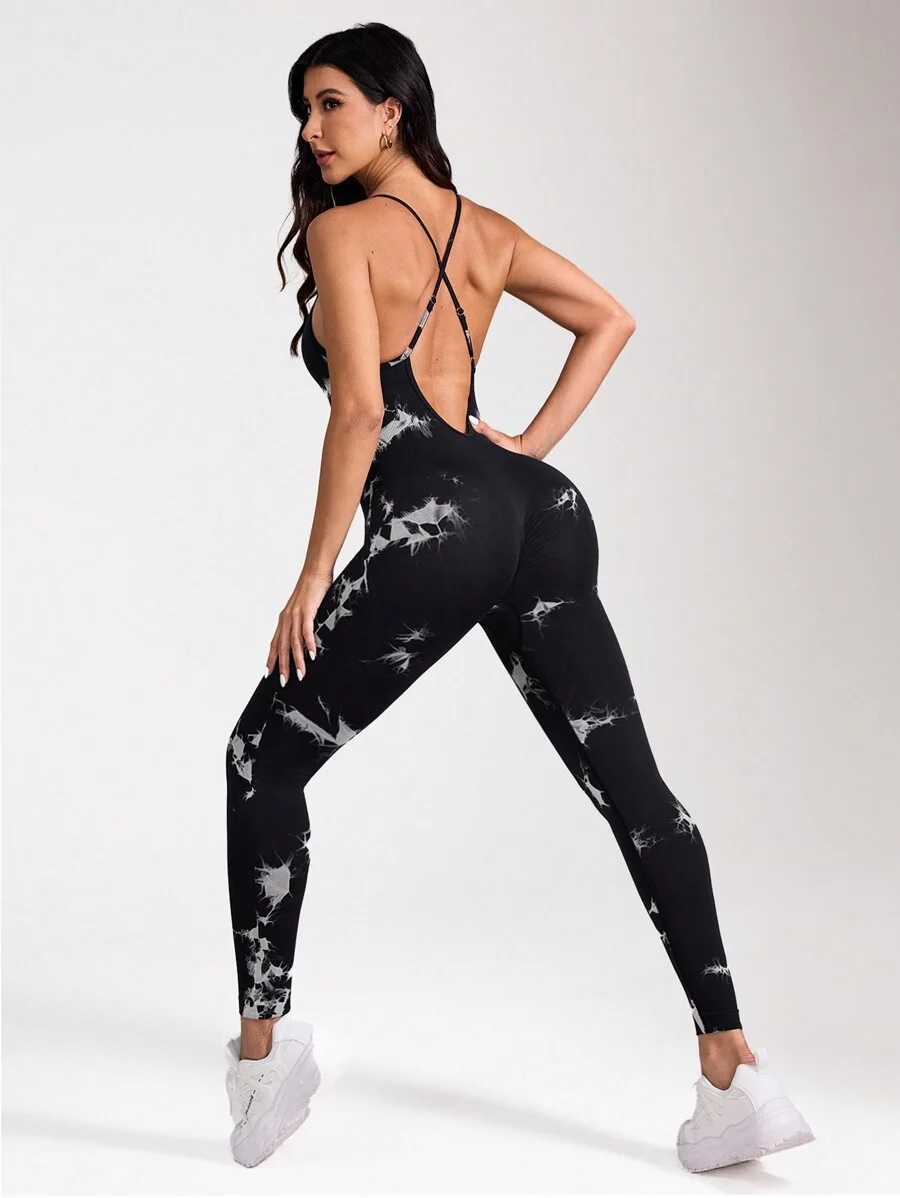 Combinaison de sport sans couture avec imprimé tie dye et dos croisé