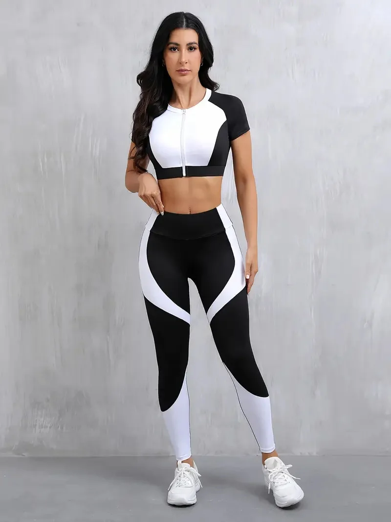 Ensemble Noir & Blanc - Haut Court Zippé & Leggings