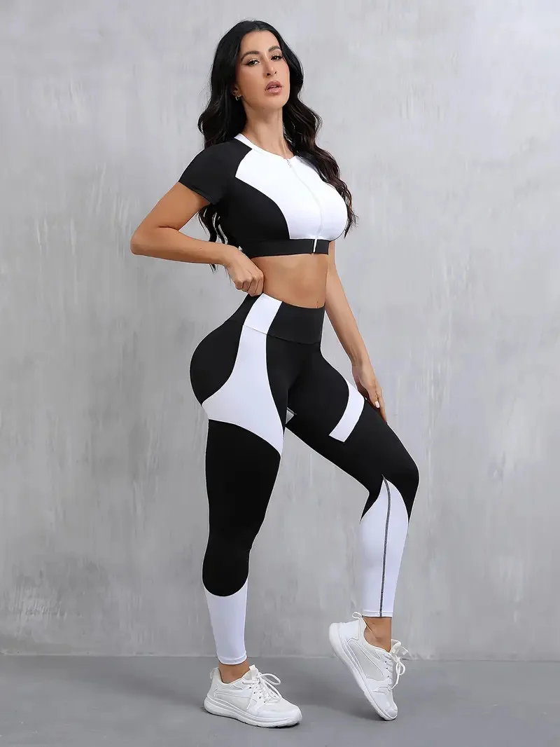 Ensemble Noir & Blanc - Haut Court Zippé & Leggings