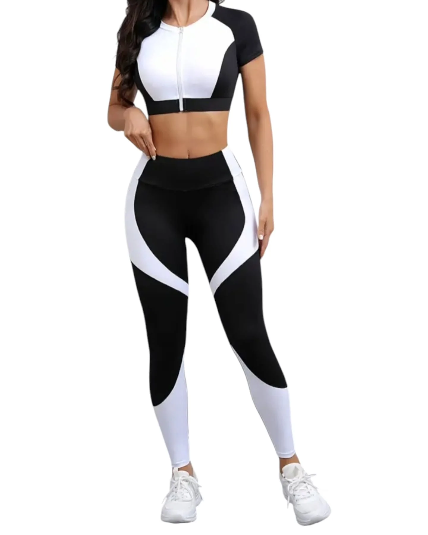 Ensemble Noir & Blanc - Haut Court Zippé & Leggings