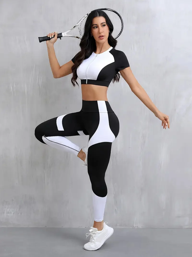 Ensemble Noir & Blanc - Haut Court Zippé & Leggings
