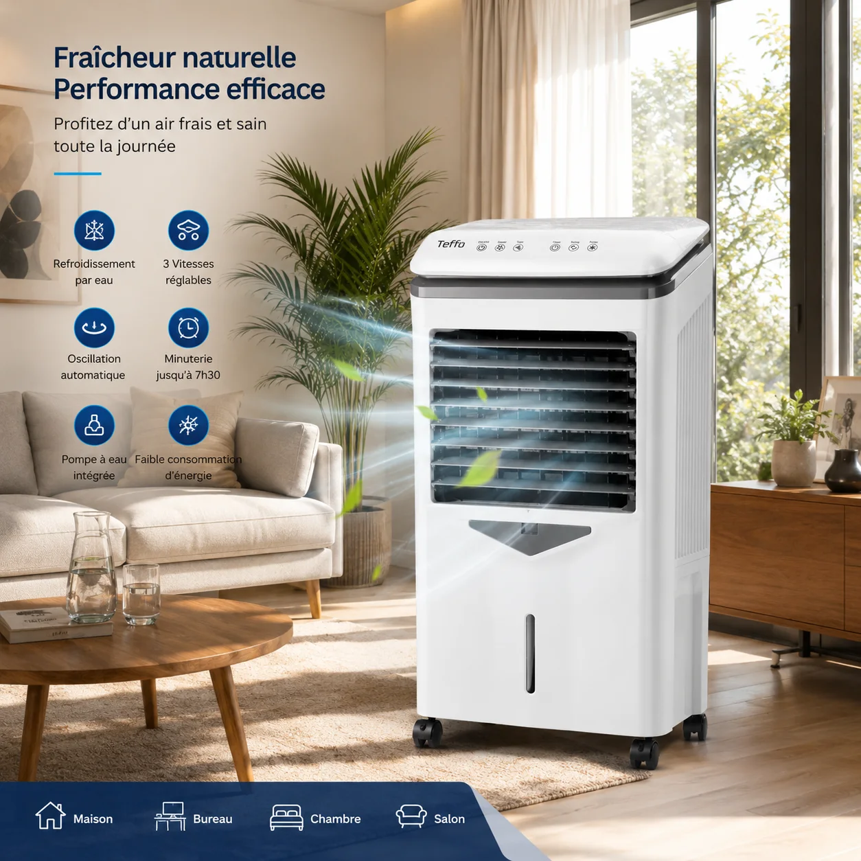 مبرد الهواء Teffo 30L - تبريد الماء - 3 سرعة - التذبذب التلقائي - الدقائق - الاقتصاد في الطاقة
