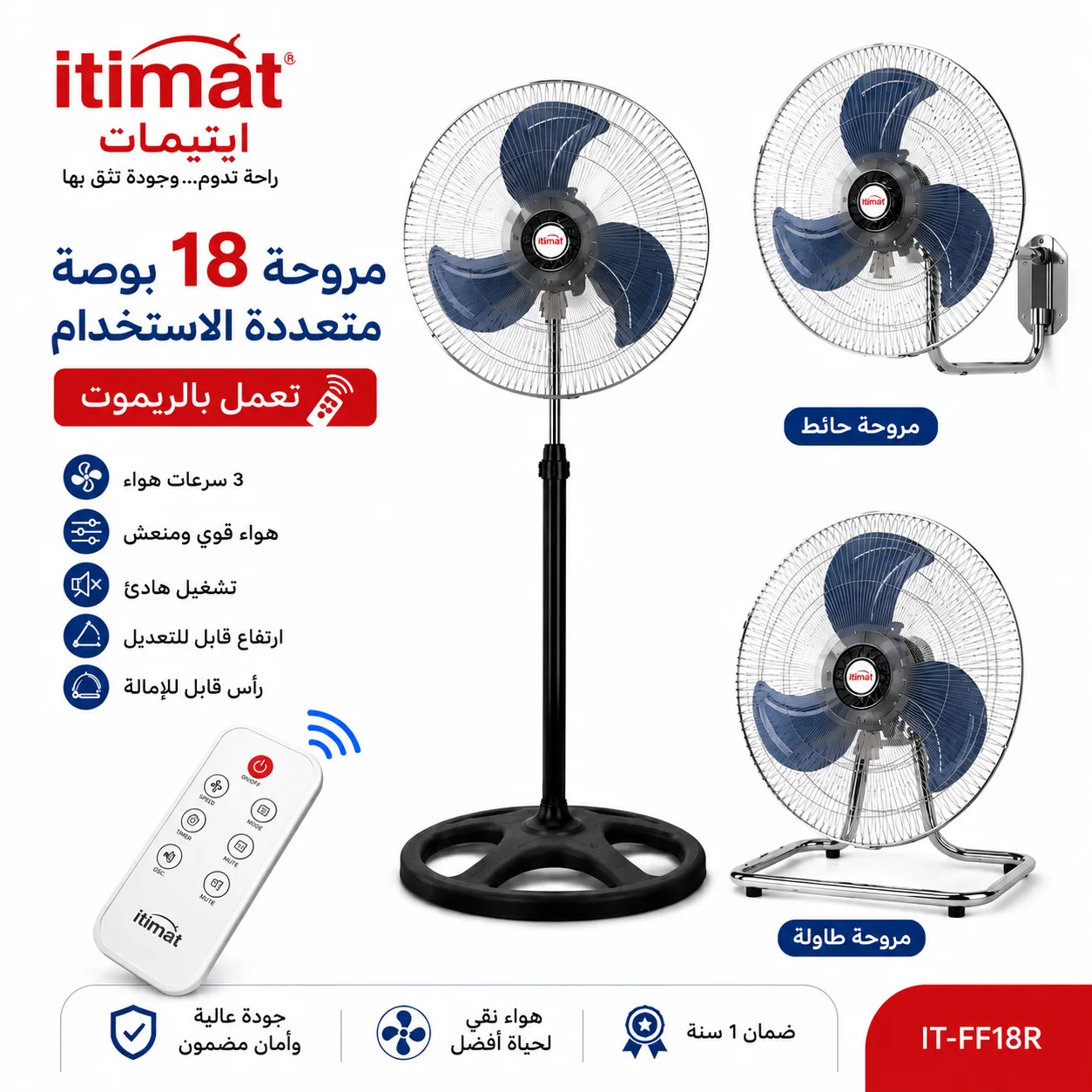مروحة إيتيمات مقاس 18 بوصة مع جهاز تحكم عن بعد - مروحة أرضية 3 في 1 - 3 سرعات - هادئة - رأس متأرجح - قابلة لتعديل الارتفاع