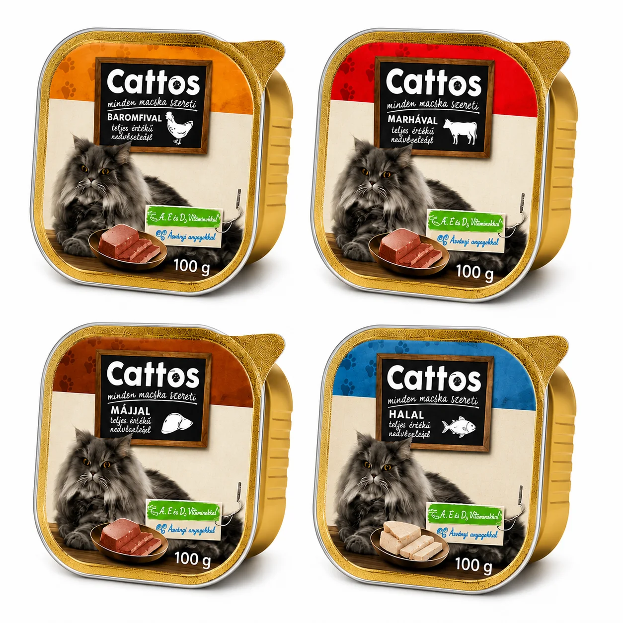 Cattos – Aliment humide complet pour chats 100 g (Poulet, Bœuf, Foie, Poisson)