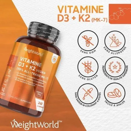WeightWorld فيتامين د3 وفيتامين ك2 - 240 قرصًا - 4000 وحدة دولية - صُنع في المملكة المتحدة