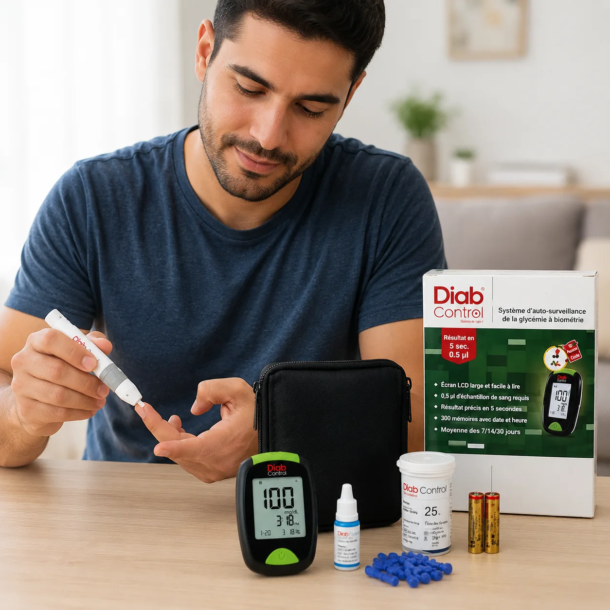 جهاز قياس السكر Diab Control مع شاشة LCD وذاكرة داخلية وحقيبة حمل وملحقات كاملة