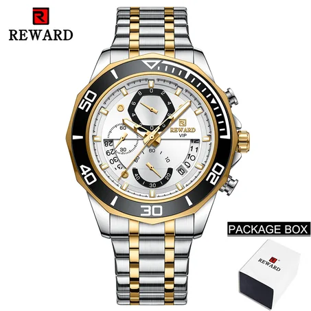 REWARD Mens Watches Fashion Business Stainless Steel Wristwatch Waterproof Luminous Chronograph Calendar Quartz Watches