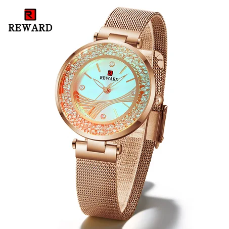 REWARD Rotation Diamond Fashion New Women Watches Glowing Dial Mesh Strap Quartz