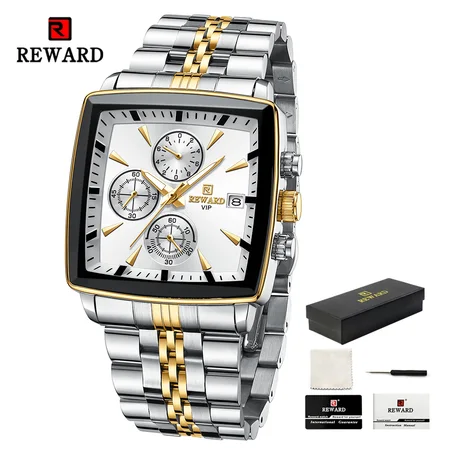 New REWARD Stainless Steel Quartz Watch for Men Fashion Wristwatch Waterproof Luminous Chronograph Date Sport Timepiece