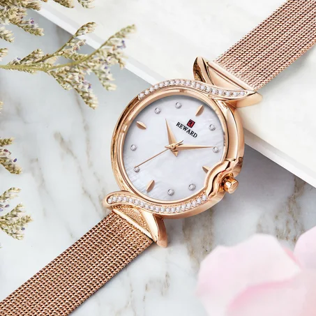 REWARD Women Quartz Watches New Fashion Pearl Dial Wrist Watch Mesh Strap Waterproof Wristwatch Girl Clock Timepieces for her