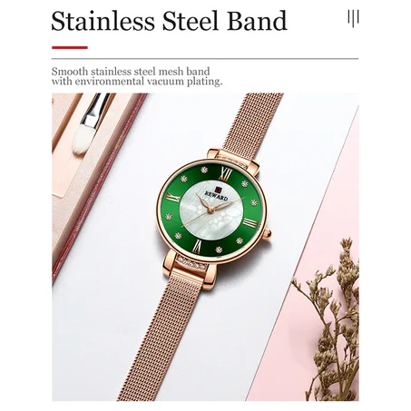 REWARD Fashion Women Watches Pearl Dial Mesh Strap Ladies Waterproof Quartz Wristwatches Girl Clock Relogio Feminin
