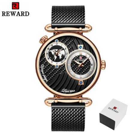 REWARD Men Watches Top Brand Luxury Dual Time Zone Quartz Wristwatch Stainless Steel Strap