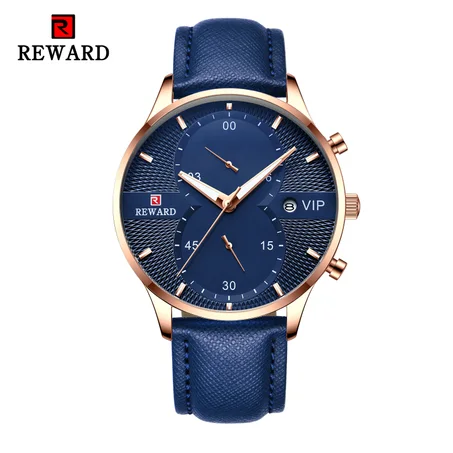 REWARD Rose Gold Quartz Wrist Watches for Men Blue Leather Band Calendar Display Grid Dial Design Business Watch Male