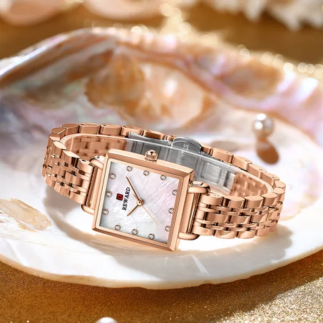 REWARD Square Quartz Watch for Women Fashion Waterproof Ladies Simple Rose Gold Stainless Steel Wristwatches
