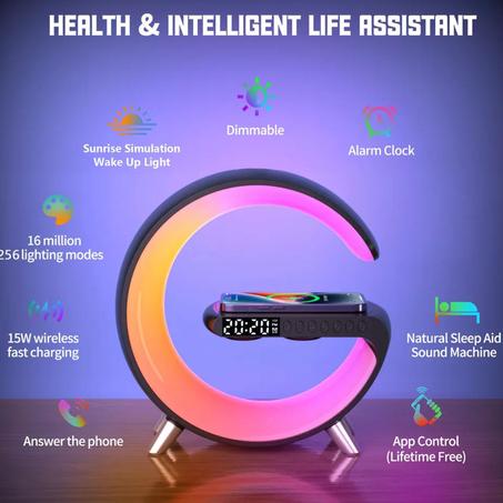 مصباح متعدد المهام مزود بشاحن لاسلكي , سماعات و متعدد الألوان