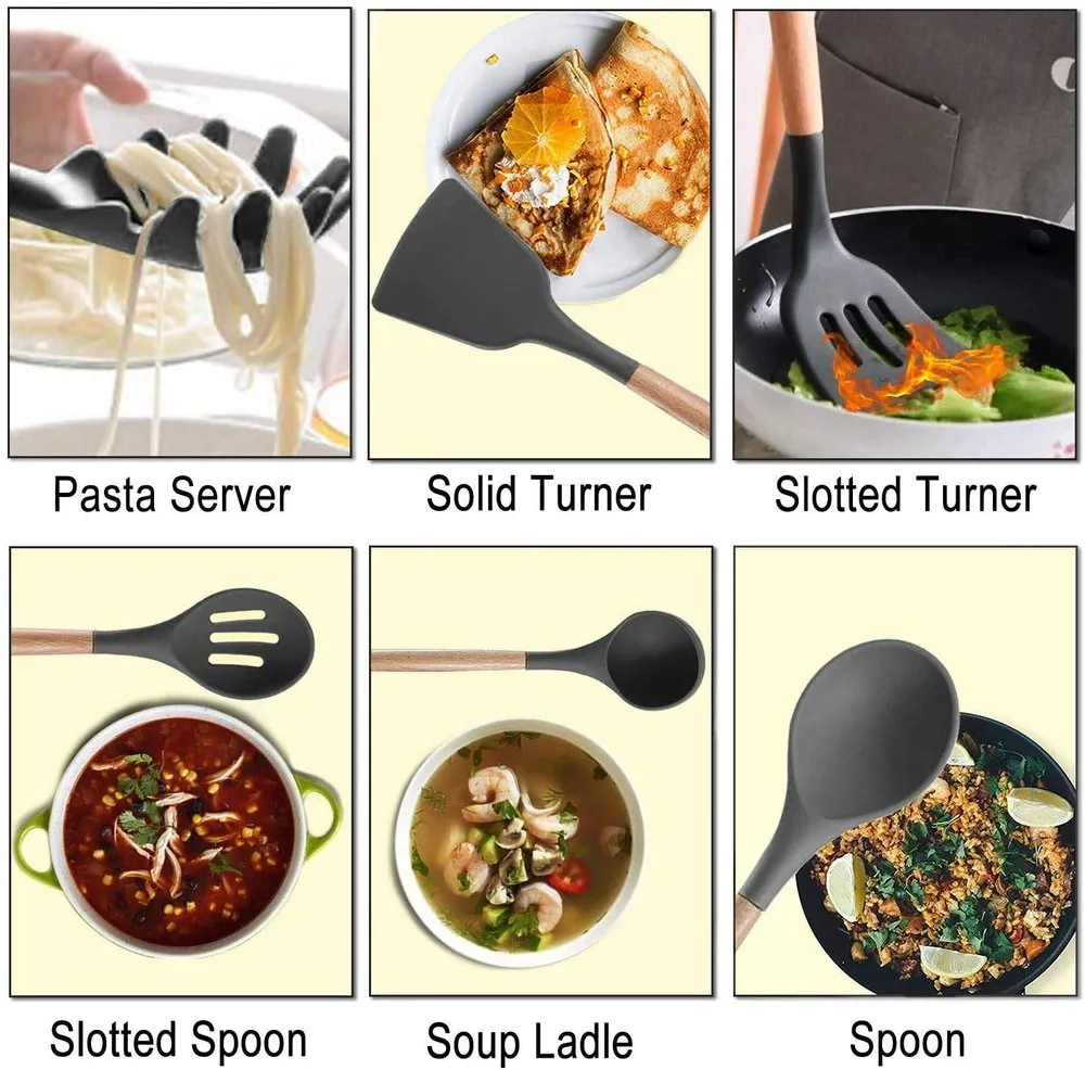 12 piÚces d'ustensiles de cuisine silicone et bois Certifiés
