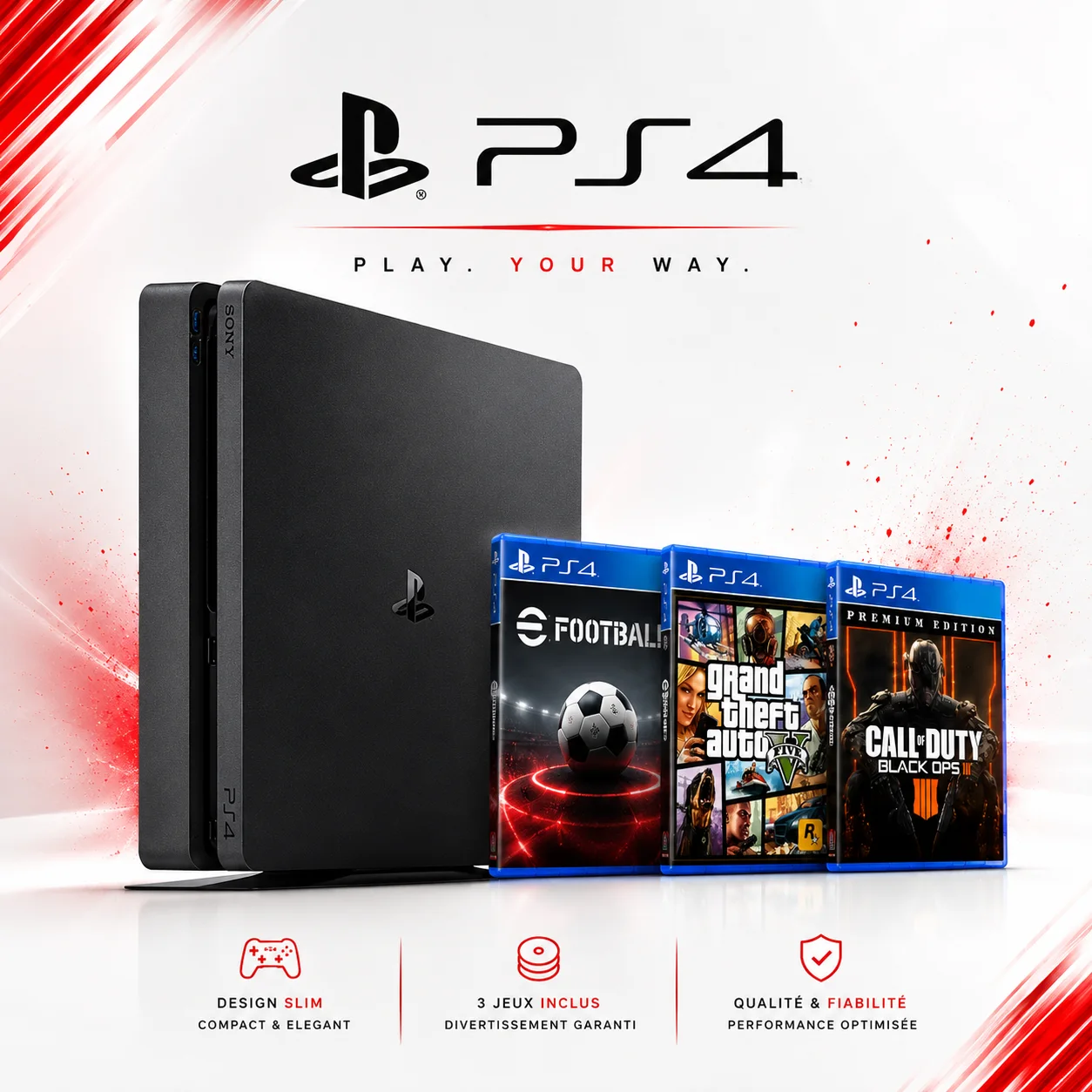 Pack Ps4 Slim + 2 manettes + 3 CDs
