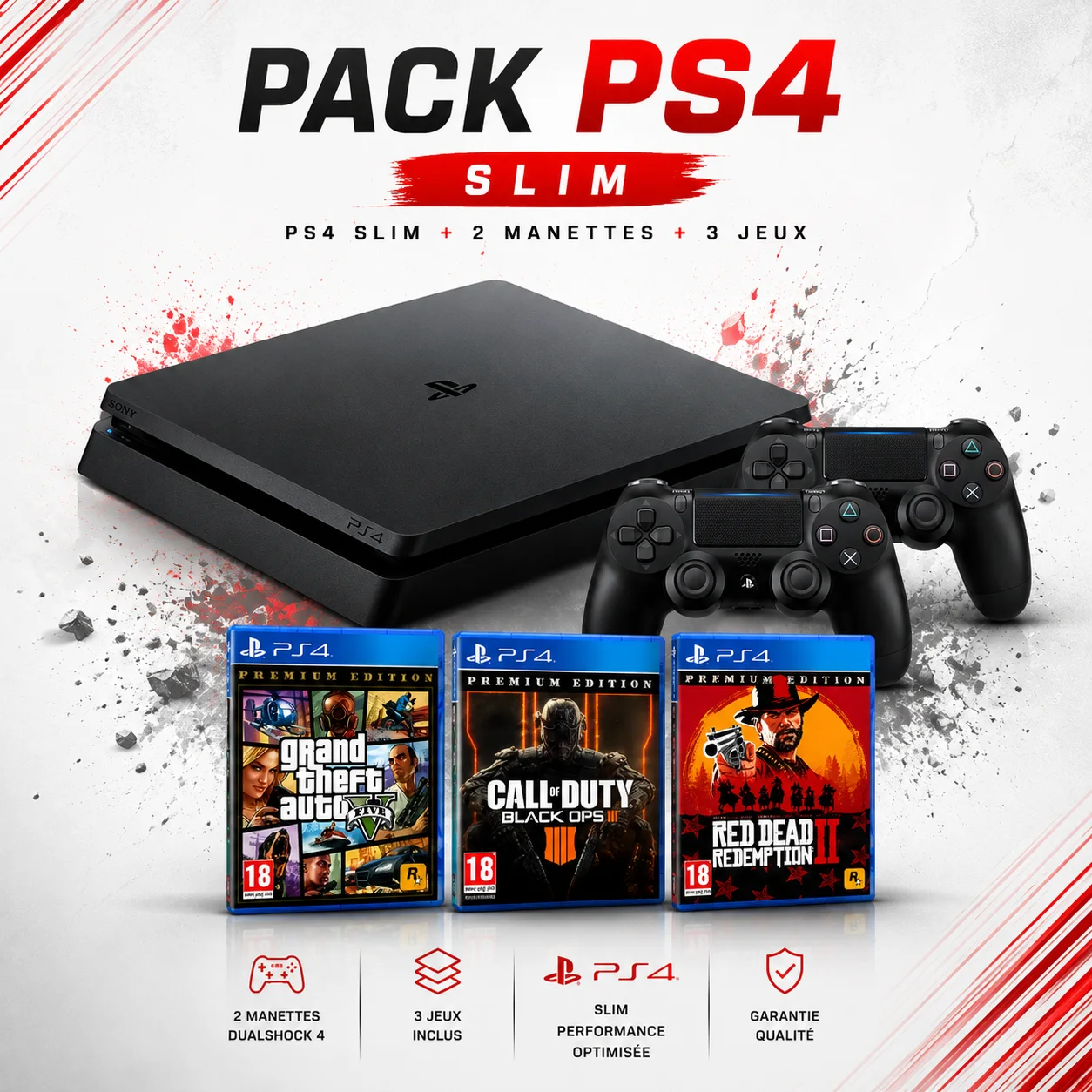 Pack Ps4 Slim + 2 manettes + 3 CDs