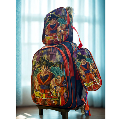 حقيبة مدرسية وردية بعجلات  بتصميم دراغون بول سوبر – 3 قطع
