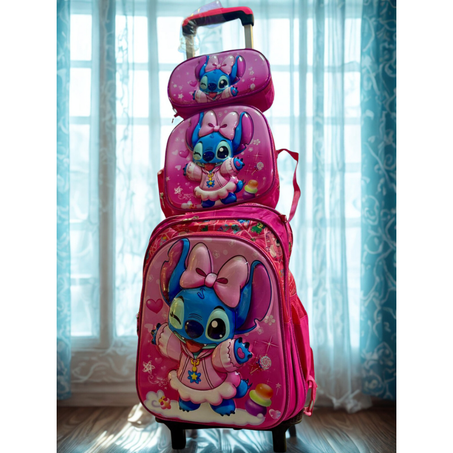 حقيبة مدرسية وردية بعجلات بتصميم ستيتش – 3 قطع