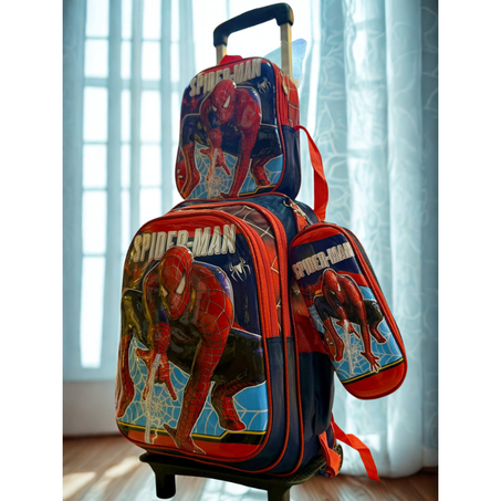 حقيبة مدرسية وردية بعجلات  بتصميم سبايدر مان – 3 قطع