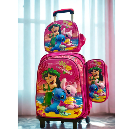 حقيبة مدرسية وردية بعجلات  بتصميم ليلو وستيتش – 3 قطع