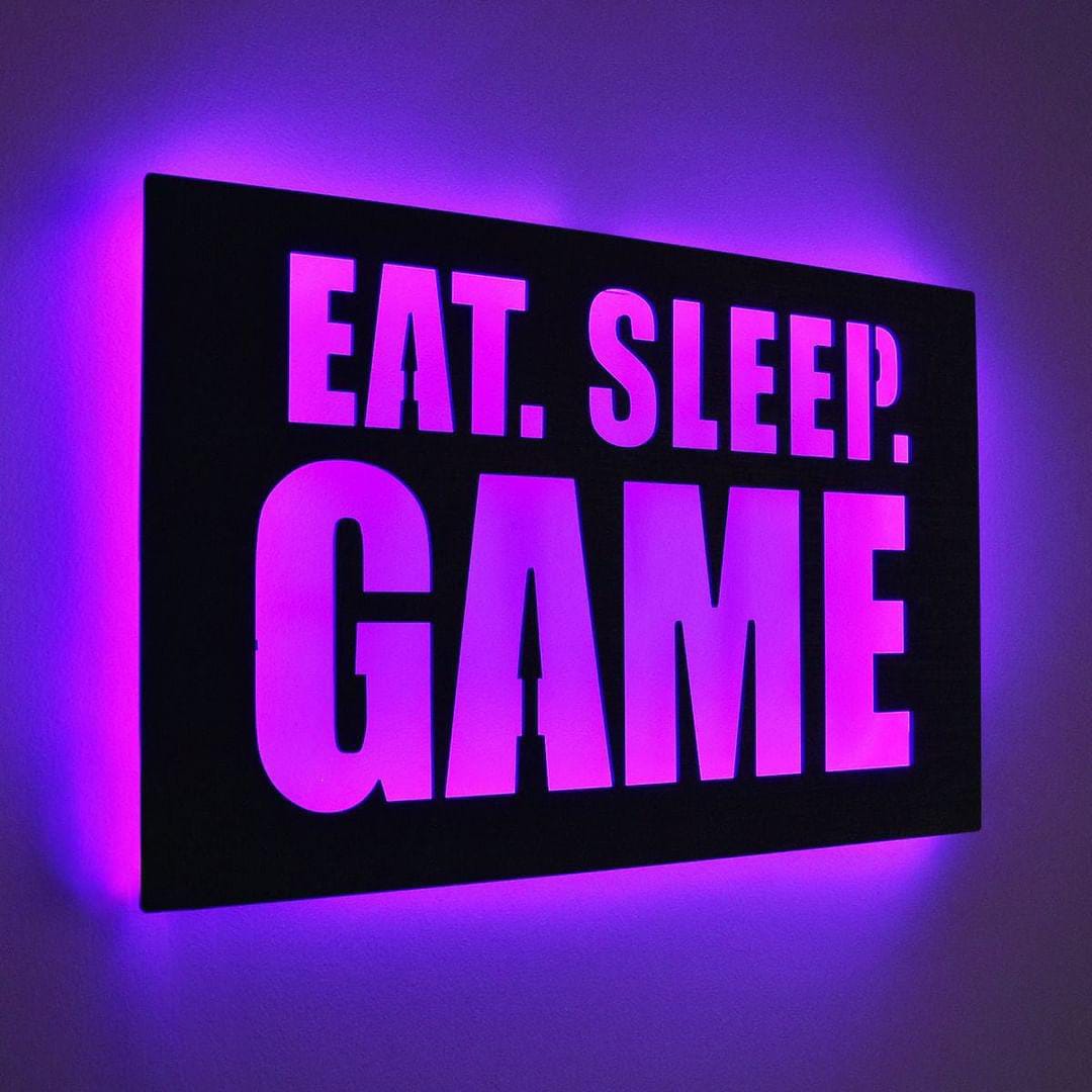 tableau EAT SLEEP GAME   en bois mdf avec led RGB
