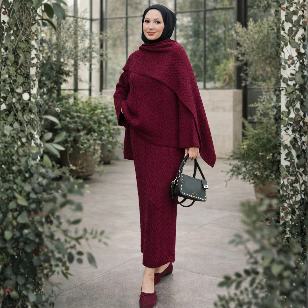 طقم تريكو أنيق (Pull + Jupe + Châle)