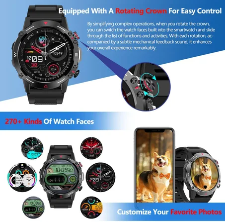 ساعة ذكية اموليد، 1.43 بوصة للرجال مع تصنيف IP68، مكالمات بلوتوث، مساعد صوتي بالذكاء الاصطناعي، مراقب الدم/الاكسجين/معدل ضربات القلب، ساعة لياقة بدنية لنظام اندرويد وiOS من اي بي صن، أسود