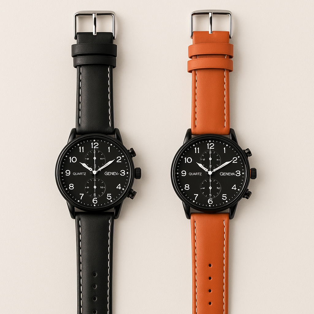 ساعة يد رجالية أنيقة – تصميم كلاسيكي بحزام جلدي ومينا أسود – Geneva Quartz