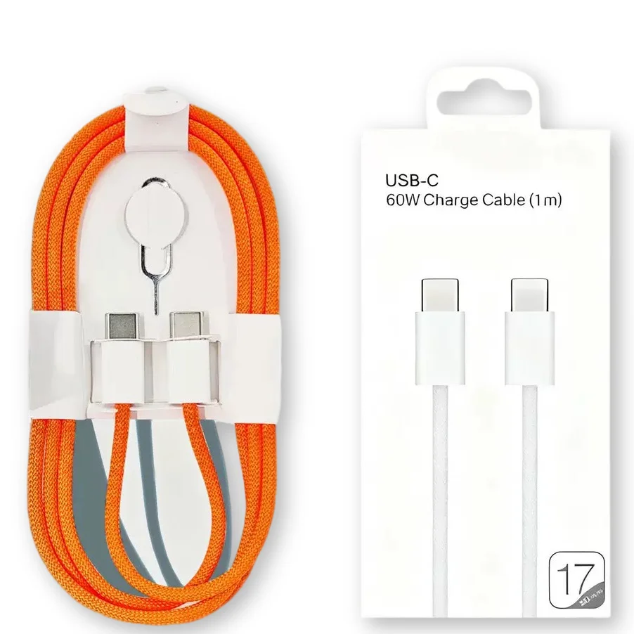 كابل شحن سريع PD 60 واط من USB-C إلى USB-C لهاتف iPhone 17 Pro Max Air 16 15 Pro Max 16 15 Plus كابل Type-C مضفر بحجم 1 متر مع صندوق