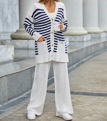 Cardigan modelli righe spalle cadenti & Pantaloni in maglia