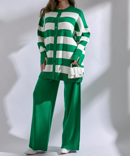 Set da 2 pezzi per donna, tuta casual composta da cardigan a righe e pantaloni, adatta per autunno/inverno