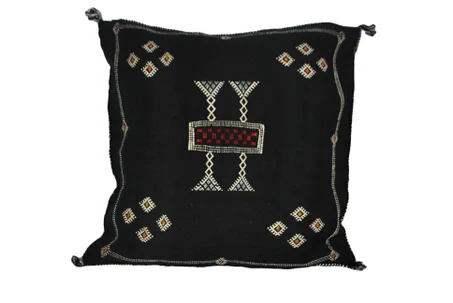 Black Cactus Silk Moroccan Pillow with Berber Tattos