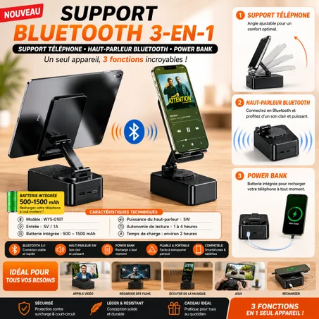 Support Bluetooth 3-en-1 (Support téléphone • Haut-parleur Bluetooth • Power Bank)