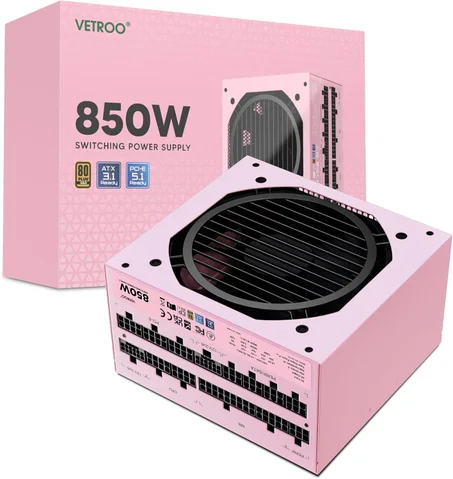 Vetroo Fuente de alimentación de 850W con PCIe dual 5.1 ATX 3.1 lista, 80 Plus Gold completamente modular, funcionamiento silencioso con ventilador FDB de 120mm, garantía de 10 años - Rosa